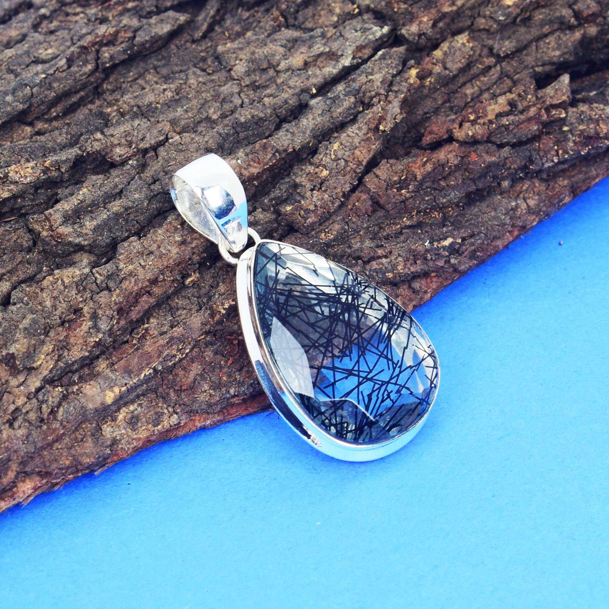 Black Rutile Gemstone Pendant: Handmade 925 Sterling Silver Boho Jewelry