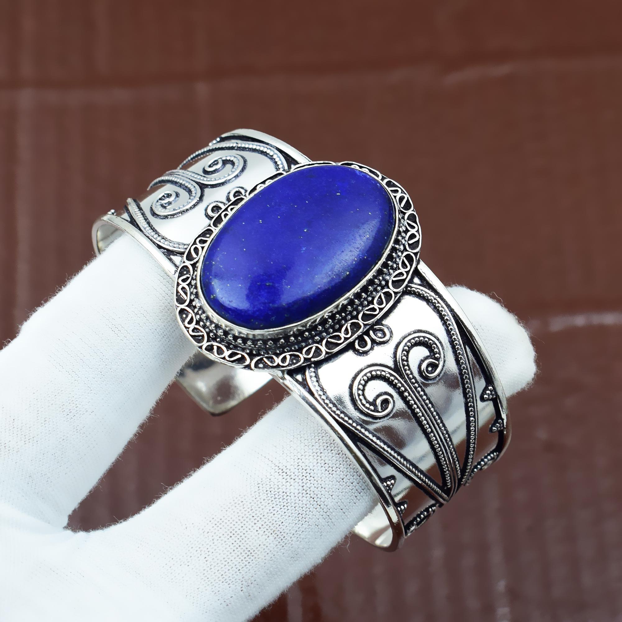 Lapis Lazuli Cuff Bracelet, 925 Sterling Silver, Boho Hippie