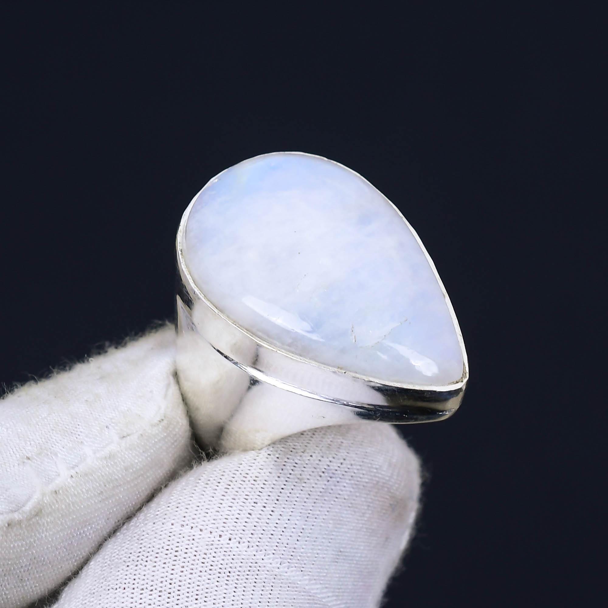 天然レインボームーンストーンリング：ハンドメイド925スターリング