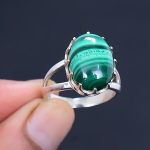 Natural Malachite Gemstone Ring  Ring,Oval Stone 925 Sterling Silver Ring Gift For Women Cabochon Oval Malachite Silver Ring  Size 8.75 US