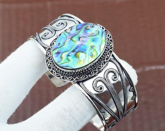 Pulseira rígida com concha de abalone, prata de lei 925, estilo boho hippie