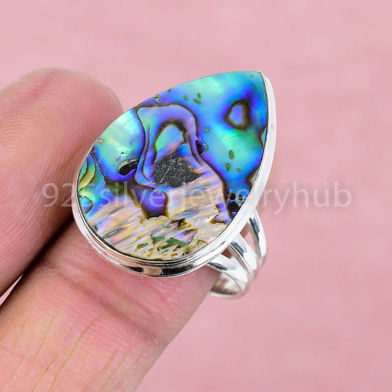 Bague Coquillage Percé Bleu Et Blanc – Taille 47 – Nacre Abalone – Vintage