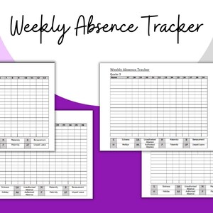 May include: Four blank printable pages for a weekly absence tracker. Each page is labeled "Weekly Absence Tracker" and includes columns for dates, student names, excused absences, unexcused absences, and other reasons for absence.