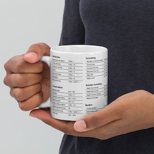 May include: White ceramic mug with black text listing Excel keyboard shortcuts for entering data, formatting, and number formatting. The text includes the words "Entering Data", "Formatting", "Number Formatting", "Excel Addicts", and "Borders".