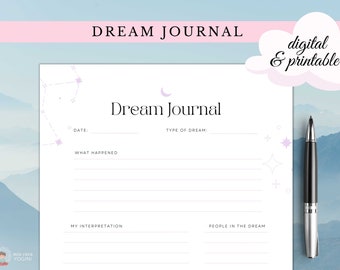 May include: A printable dream journal page with a crescent moon and stars design. The page includes sections for the date, type of dream, what happened, my interpretation, and people in the dream.