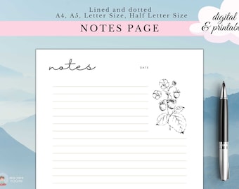 Könnte beinhalten: Eine druckbare Notizseite mit linierten und gepunkteten Abschnitten. Die Seite zeigt eine einfache Schwarzweißillustration einer Himbeerpflanze mit Beeren. Der Text "notes" ist oben auf der Seite in Kursivschrift geschrieben, und "DATE" steht oben rechts.