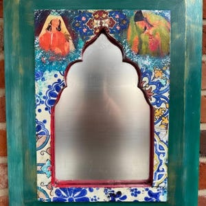 12x12 Hand Painted Teal Mirror Frame - Persian Style Decoupage Wall Decor - Small Arch Mirror for Entryway, Bedroom - Unique Boho Gift