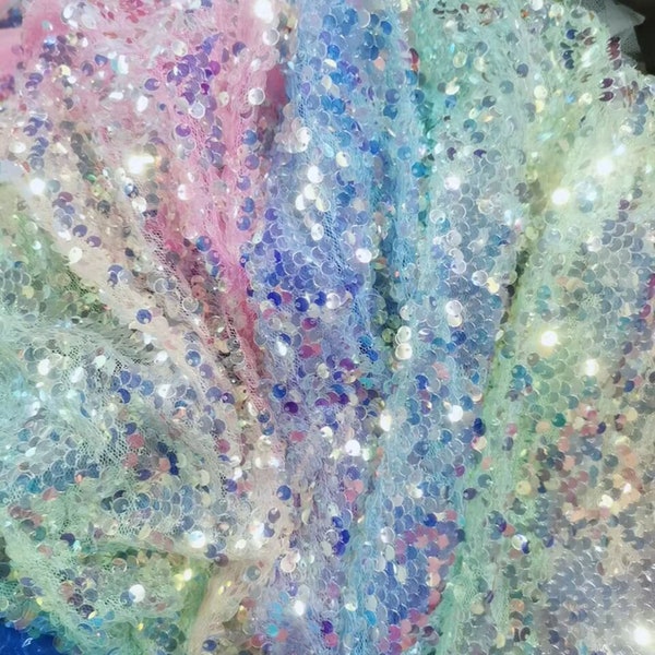 3D Ombre Rainbow Blue Pink Green Lace Sequin Fabric Colorful Mesh For Party Dress Night Gowns