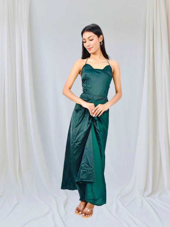 green satin party dress Plunge Batwing Satin Bridesmaid Dress - Moss Green