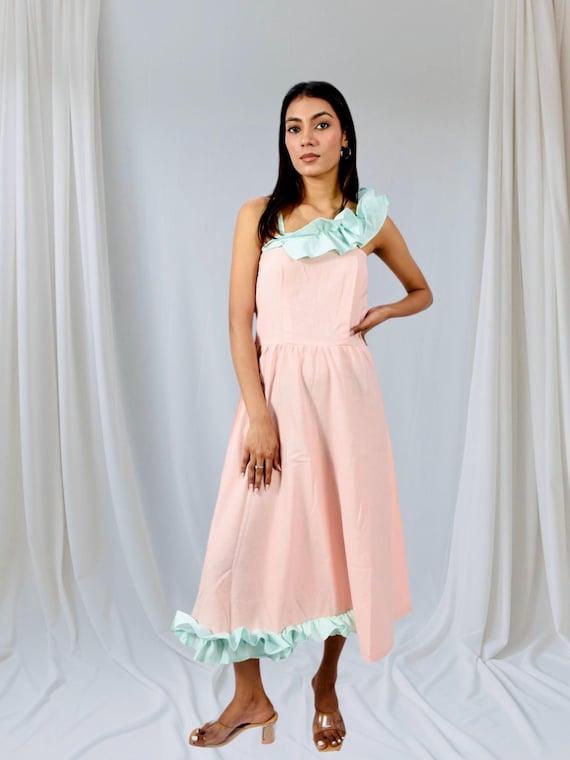 Pastelroze en muntkleurige ruche midi-jurk Jurk van katoen en