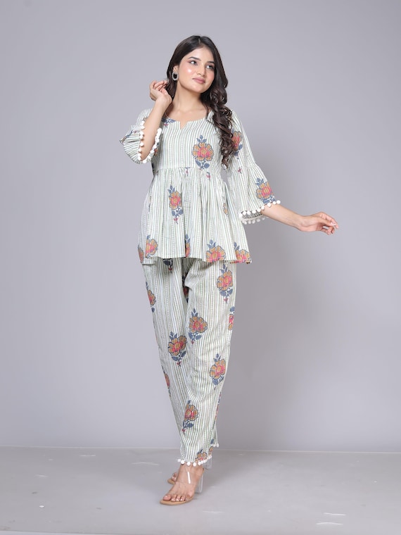 Floral Printed Cotton Co-Ord Set for Women | Boho Peplum Top & Pants Set Handmade Cotton Floral Lounge Set | Summer Co-Ord Outfit for Women