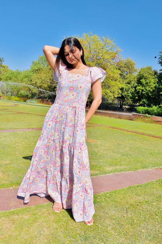 Robe en coton à imprimé floral pastel, robe longue fabriquée de