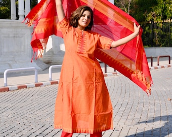 Party wear south cotton anarkali kurta with pant and dupatta set, anarkali kurti set, kurti with pant set
