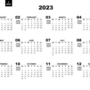 May include: A black and white calendar for the year 2023. Each month is displayed in a separate box with the month name and days of the week labeled. The calendar is designed in a simple, minimalist style.