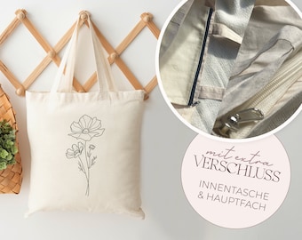 Jutebeutel mit INNENTASCHE o. REIßVERSCHLUSS / 100% Baumwolle / Stofftasche mit Reißverschluss / Totebag mit Verschluss / Jutetasche Blume