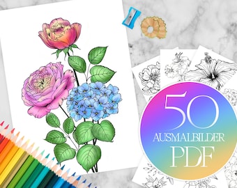 Florales Malbuch mit 50 Blumenmotiven | Blumenmuster PDF zum Ausdrucken | Achtsamkeitsmalbuch für Erwachsene zum Entspannen