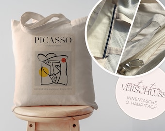 Picasso Jutebeutel mit INNENTASCHE o. REIßVERSCHLUSS // lange Henkel 100% Baumwolle // Stofftasche Kunst Picasso Geschenk