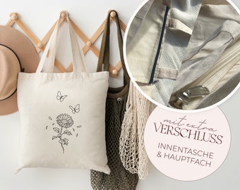 Jutetasche mit INNENTASCHE o. REIßVERSCHLUSS / 100% Baumwolle / Stofftasche mit Reißverschluss / Totebag mit Fächern / Jutebeutel Blume