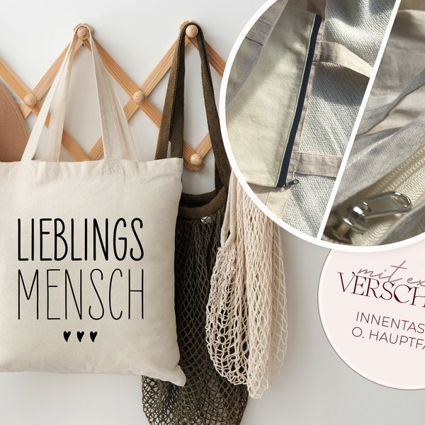 Jutebeutel "Lieblingsmensch" mit INNENTASCHE o. REIßVERSCHLUSS // lange Henkel 100% Baumwolle // Geschenk für Lieblingsmenschen