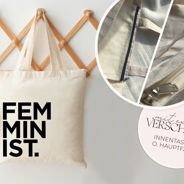 Jutebeutel "Feminist" Spruch mit INNENTASCHE o. REIßVERSCHLUSS // lange Henkel 100% Baumwolle // Stofftasche feministisch Frau Geschenk