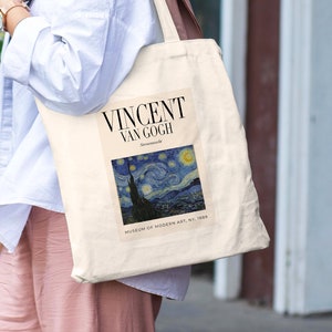 Van Gogh Sternennacht Jutebeutel mit INNENTASCHE o. REIßVERSCHLUSS // lange Henkel 100% Baumwolle // Tasche Vincent Van Gogh Kunst Geschenk Bild 2