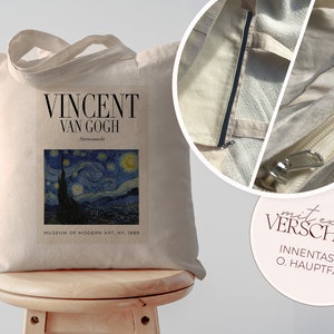 Van Gogh Sternennacht Jutebeutel mit INNENTASCHE o. REIßVERSCHLUSS // lange Henkel 100% Baumwolle // Tasche Vincent Van Gogh Kunst Geschenk Bild 1