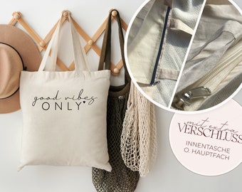 Sac en jute "Good Vibes Only" avec POCHE INTÉRIEURE ou ZIPPER / anses longues 100% coton / sac en tissu avec dicton, sac pour adulte