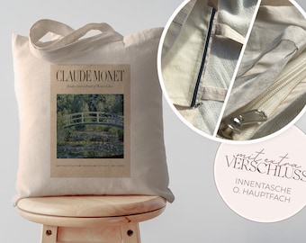Jute bag Monet water lily pond with INSIDE POCKET or ZIPPER / long handles 100% cotton / gift art lover, Bag Monet Print