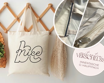 Sac en jute "Be Nice" avec POCHE INTÉRIEURE ou ZIPPER / anses longues 100% coton / sac en tissu avec message, sac en jute pour adultes