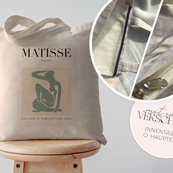 Matisse Jutebeutel mit INNENTASCHE o. REIßVERSCHLUSS // lange Henkel 100% Baumwolle // Stofftasche Kunst Matisse Geschenk