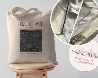 Monet water lilies jute bag with INSIDE POCKET or ZIPPER // long handles 100% cotton // fabric bag Claude Monet art gift