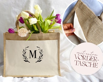 Jutetasche personalisiert Initial / XL Juteshopper / Individuelle Geschenke Frauen, Einkaufstasche mit Initial, JGA Tasche individuell