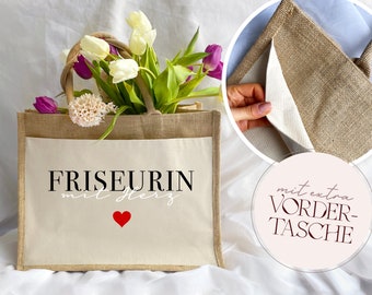 Jutetasche "Friseurin mit Herz" | XL Juteshopper | Geschenkidee für Friseure, Kolleginnen Geschenk Friseur, Tasche für Friseurin