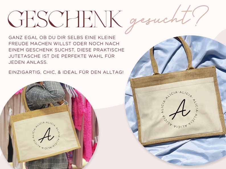 Jutetasche personalisiert Name & Initial / XL Juteshopper / Individuelle Geschenkidee, Juteshopper personalisiert, JGA Tasche individuell Bild 2