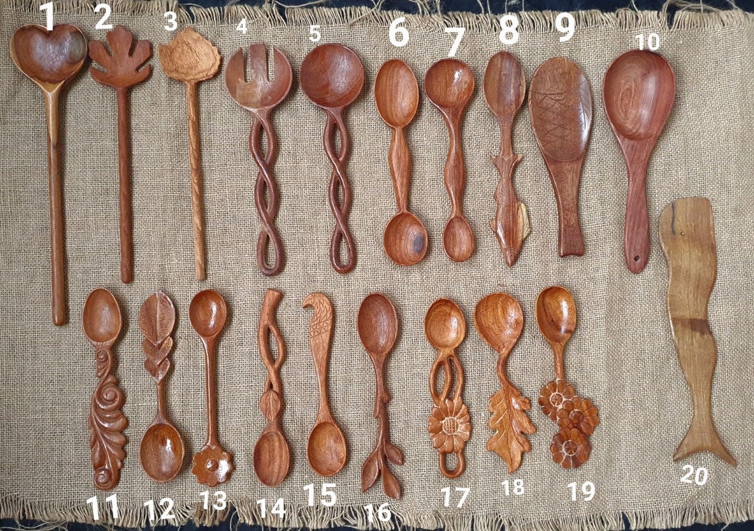 20 Assorted Design Wooden Spoons, Handcarved Organic Kitchen Utensils