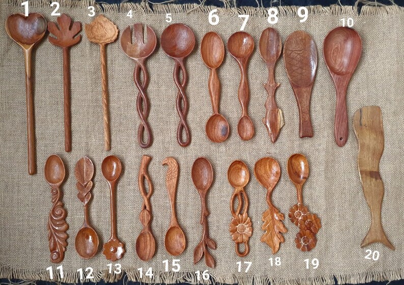 20 Assorted Design Wooden Spoons, Handcarved Organic Kitchen Utensils