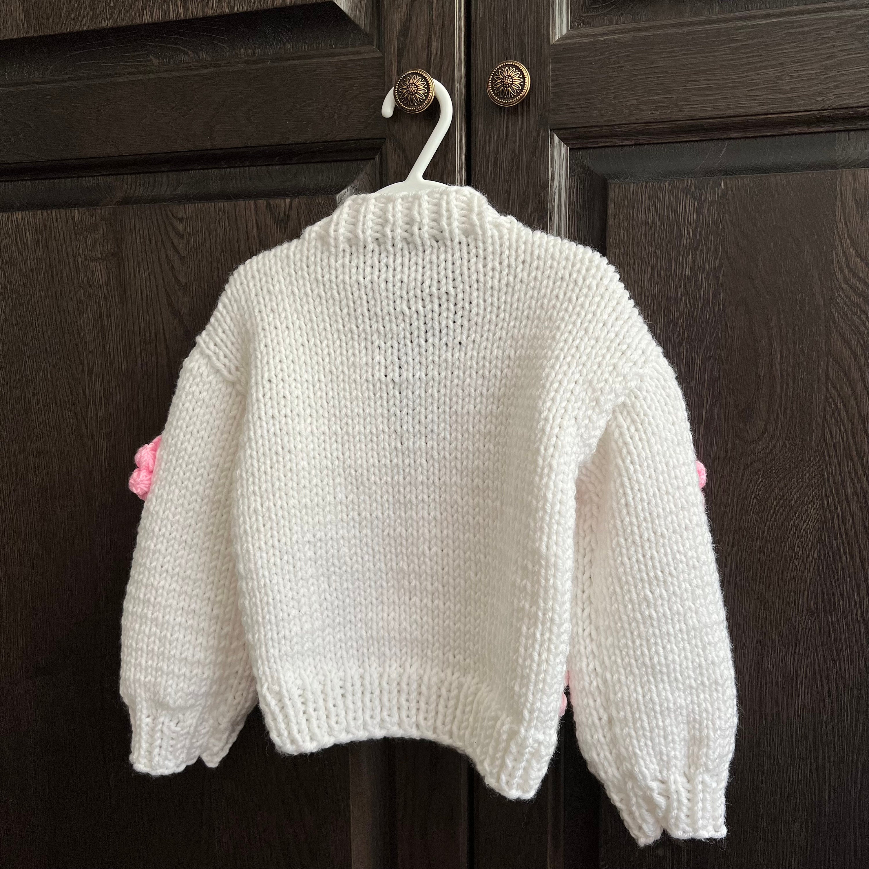 White Flower Cardigan - Hand Knitted Coat With Puffy 3D