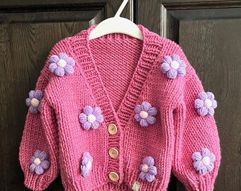 Pink flower cardigan, Cardigan with flowers, Childrens sweater, Puffy 3D cute soft flowers,V neck handmade cardigan,Kid cardigan with flower