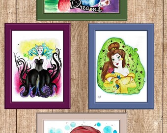 Fanart Disney La Belle et la Bête ; et La Petite Sirène avec Ariel et Ursula. Choisissez le modèle qui vous plaît le plus entre print, sticker, marque-page, badge.