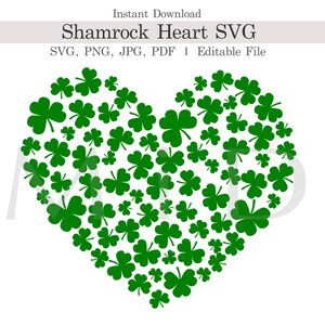 Corazón de trébol personalizable (SVG, PNG, JPG, PDF), diseño de trébol de hojas editable, descarga para uso comercial del Día de San Patricio.