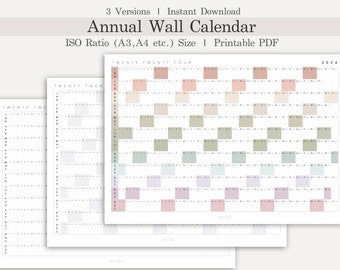 Printable 2024 Wall Calendar Landscape, 2024 Annual Planner, Digital PDF, Instant Download, Monthly Wall Planner, 2024 Boho Year Planner