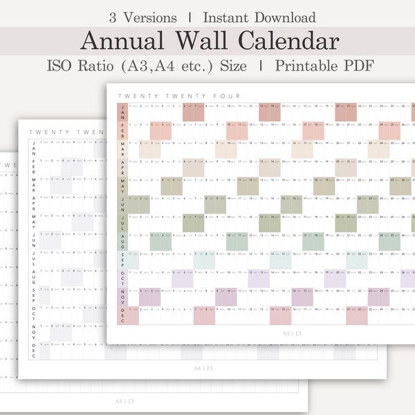 Printable 2024 Wall Calendar Landscape, 2024 Annual Planner, Digital PDF, Instant Download, Monthly Wall Planner, 2024 Boho Year Planner