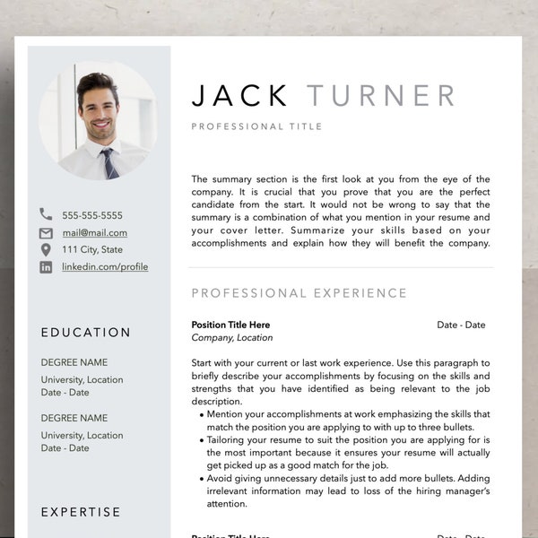 Resume Template with Photo, Professional Resume Template for Word & Pages, Clean CV Template with Picture, Resume for Men, Cover Letter