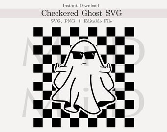 May include: A black and white checkered background with a cartoon ghost wearing sunglasses and giving the middle finger. The ghost is white and has a simple, cartoon-like design.