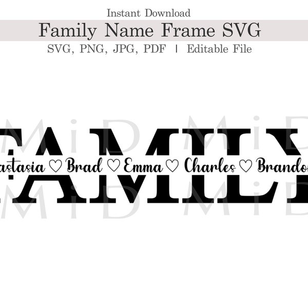 Family Customizable Svg, Png, Editable Family Split Name Frame Svg for Cricut, Gift for Family, Name Frame for Family Svg, Commercial Use