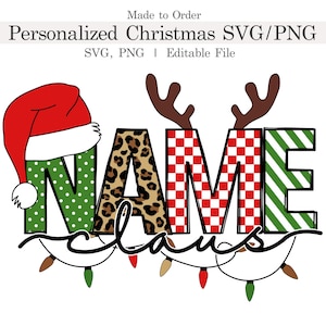 Nome de Natal personalizado Svg, Nome de chapéu de Papai Noel personalizado Png, Moldura de nome de Feliz Natal, Design de luzes de Feliz Ano Novo Cricut