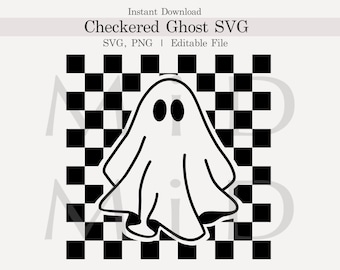 May include: A black and white checkered background with a white ghost in the center. The ghost has two black eyes.