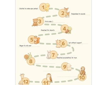Cuadro de hitos del bebé, póster del primer año de mi bebé, cronología de descarga instantánea, registro mensual rellenable, decoración de guardería con animales en acuarela