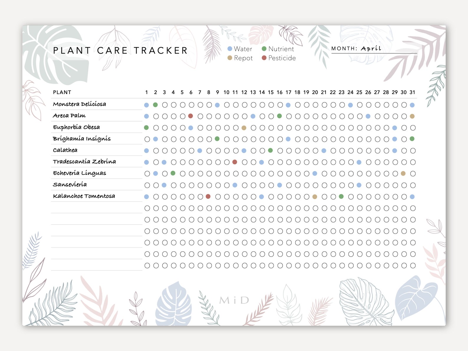 Plant Care Tracker Printable Landscape, Watering Planner Template ...