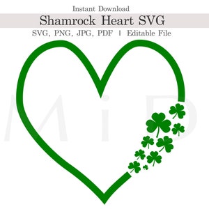 Corazón de trébol personalizable (SVG, PNG, JPG, PDF), diseño de trébol de hojas editable, descarga para uso comercial del Día de San Patricio.